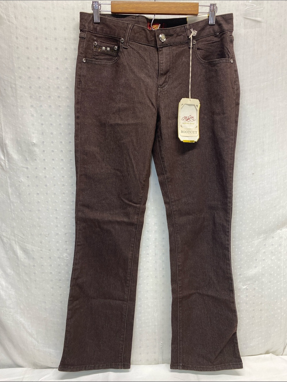 NEW one 5 one Women’s Boot Cut Jeans in Dark Brown Size 10 Pocket Bling